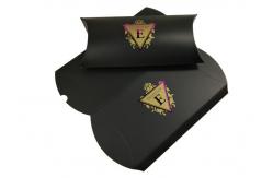 China Custom Black Paper Pillow Box Packaging With Hot Stamping Purple Logo supplier