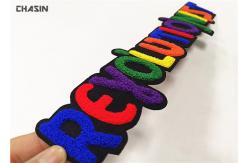 China Greek Letter Chenille Embroidery Patches Felt Background Sewn Backing supplier