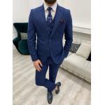 Mens Striped Sax Slim Fit Three Piece Tuxedo For Wedding