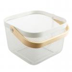 24X24cm Rectangular Wire Mesh Basket White Metal Basket With Wood Handle