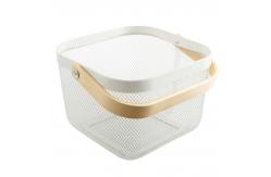 China 24X24cm Rectangular Wire Mesh Basket White Metal Basket With Wood Handle supplier