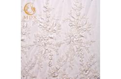 China MDX Beaded White Lace Fabrics 140cm Width Luxurious With 3D Flowers supplier
