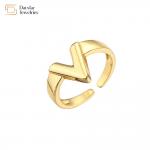 Glossy Enamel 18K Gold Plated V Letter Ring Adjustable Open Resizable