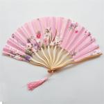 Assorted Flower Handheld Foldable Fan Curved Fabric Folding Fans With Tassel for sale