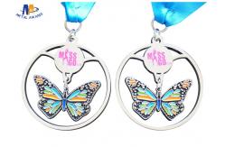 China Shiny Silver Stock Dancing Butterfly Relief Medals Cut Out With Sublimated Ribbon supplier