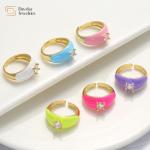Colorful Summer Diamond Enamel Rings Gold Plated Adjustable Opening Zircon Chunky for sale