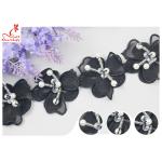 Black 3D Flower Embroidered Lace Trim With Beaded Azo Free Dyeing Pass OEKO TEX for sale