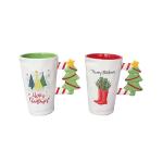 Custom 500ml Ceramic Mugs , Ceramic Christmas Cup With Tree Handle for sale
