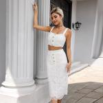 Zipper Back Two Piece Lace Dresses No Sleeve Lace Skirt And Top Set for sale