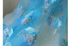 China Luxurious Embroidery Ice Blue Beaded Lace Fabric With Ginkgo Leaf Gold Pearl supplier