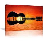 Modern Abstract Guitar Tree Lake Sunset Art Canvas Painting With Wooden Frame for sale
