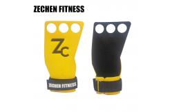 China Weight Lifting Palm Calleras OEM Cross Fit Hand Grips 3 Hole Yellow Microfiber supplier