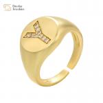 Adjustable Rhinestone Diamond Initial Ring , Chunky Zircon Gold Plated Letter Ring