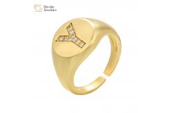 China Adjustable Rhinestone Diamond Initial Ring , Chunky Zircon Gold Plated Letter Ring supplier