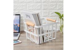 China White Long Rectangle Iron Storage Baskets With Wooden Handles supplier