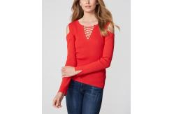 China Fine Gauge Women'S Wool Pullover Sweaters , Ribbed Eyelet Lace Red Pullover Sweater supplier