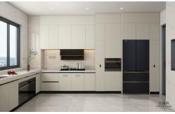 China Off-White Stainless Steel U-Shaped Kitchen Cabinet With Seamlessly Integrated Design supplier