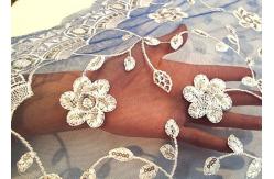 China Embroidered White And Blue Sequin Floral Lace Fabric With Scalloped Edging supplier