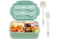 China Custom 1400ml Plastic Bento Box Containers Microwave Safe Green With Spoon Fork supplier