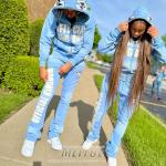 ODM Distressed Tracksuit Full Face Zip Up  Sweatshirt And Joggers Set Puff Embroidered for sale