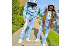 China ODM Distressed Tracksuit Full Face Zip Up  Sweatshirt And Joggers Set Puff Embroidered supplier