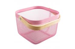 China Pink 24cm Cube Wire Storage Basket With Wooden Handle Kitchen Use supplier