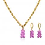 Brass Gold Plated Necklace And Earring Set Drip Oil Cute Teddy Bear Necklace for sale