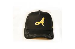 China Custom Unisex 5 Panel Trucker Cap Hat , Customized Black 3D Embroidery Mesh Hat supplier
